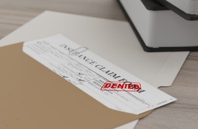 document with denied stamp on a wooden table