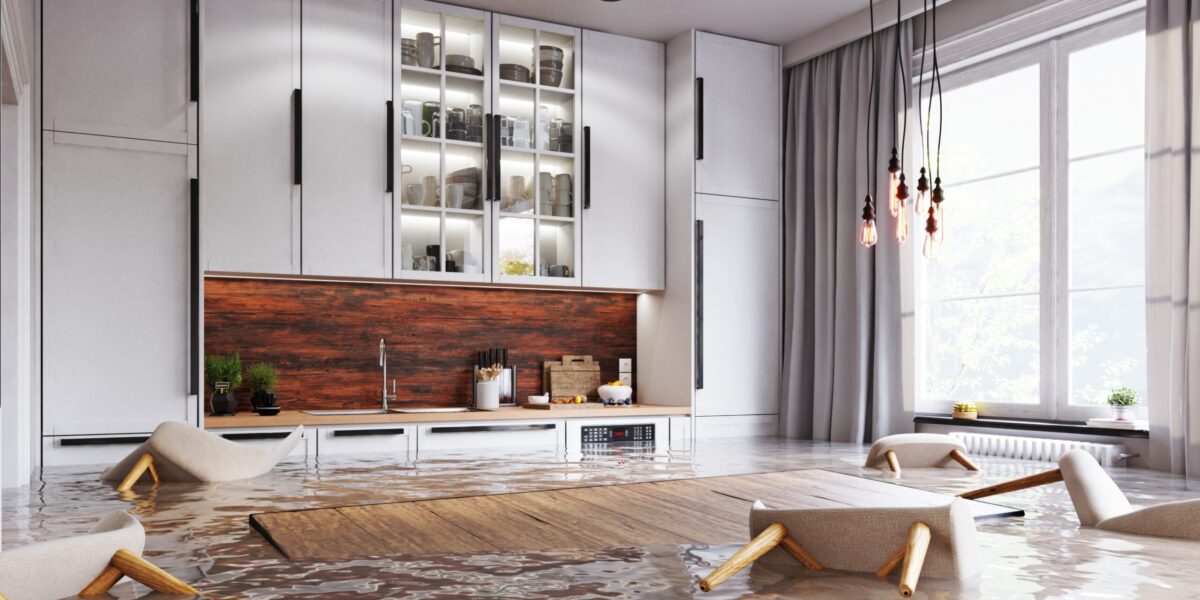 flooded floor in kitchen from water leak