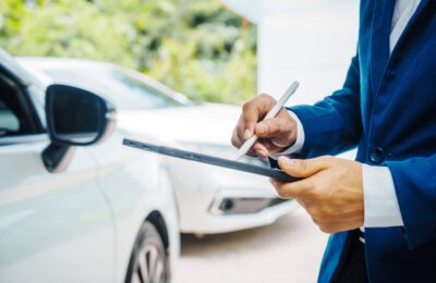 business man taking notes on clipboard next to car