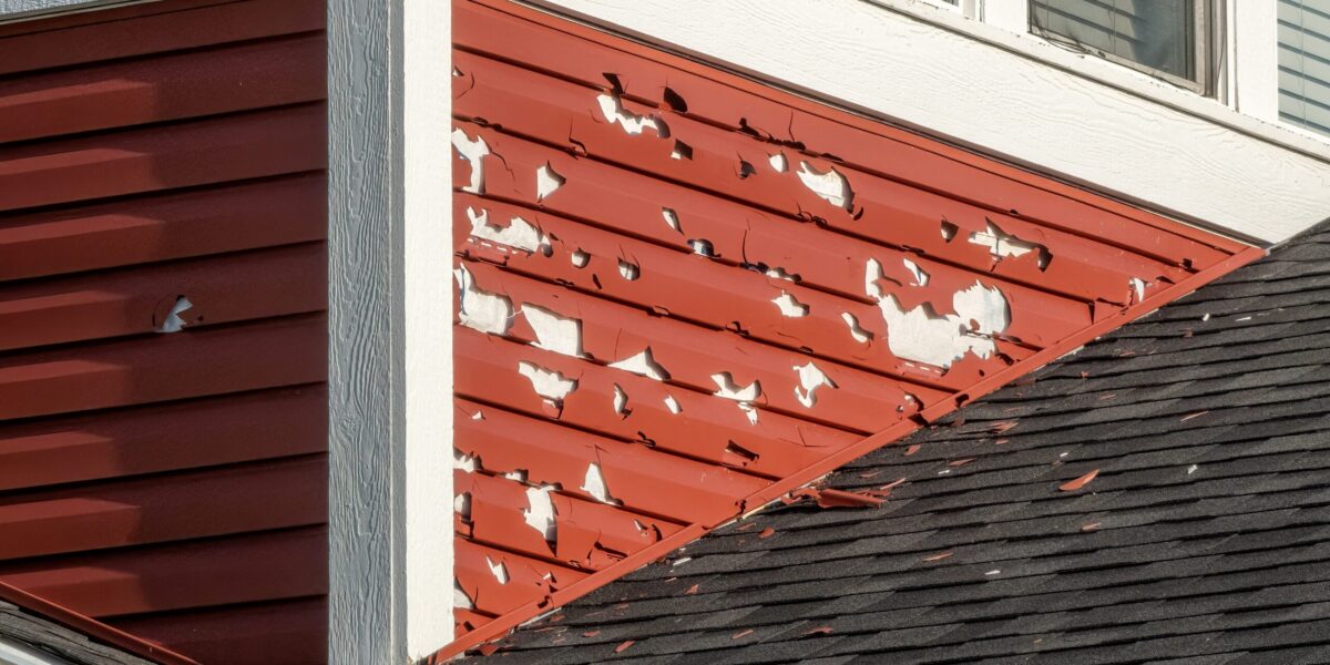 close up of building exterior with damaged siding